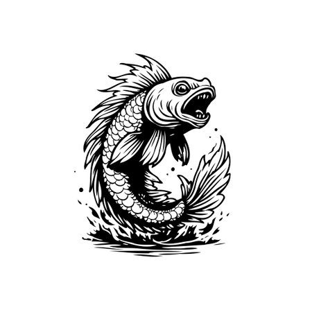 A black and white illustration showcases a stylized carp fish leaping upwards out of the water, generating a dynamic splash, isolated against a white background.のイラスト素材