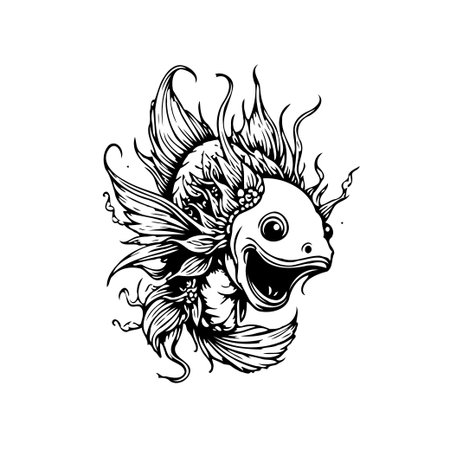 A whimsical ink drawing of a fantastical fish creature adorned with floral elements. Intricate details and bold contrasts create a surreal aquatic illustration perfect for artistic projects.のイラスト素材