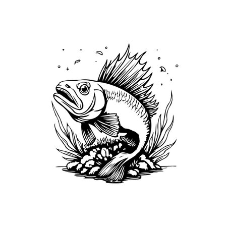 Detailed black and white illustration of a fish. The artwork shows the fish swimming gracefully underwater with aquatic vegetation and bubbles, creating a serene scene.のイラスト素材