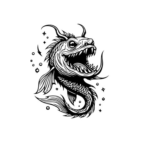 A black and white fantasy sea monster illustration, showcasing sharp teeth, scales, and horns, perfect for tattoo designs or creative projects. Vector portrait of a spooky weird taleのイラスト素材