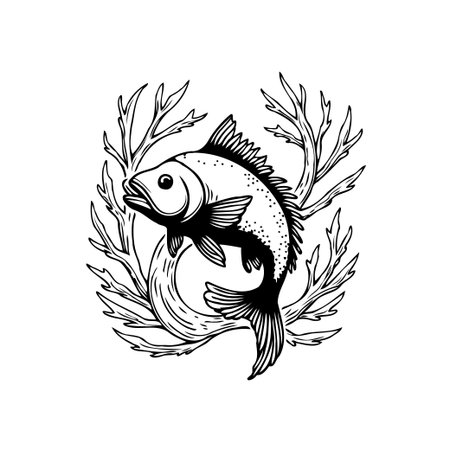 Detailed black and white illustration of a fish surrounded by seaweed. This artwork creates a sense of peace and serenity, showcasing the beauty of marine life.のイラスト素材