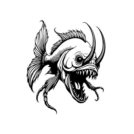 Detailed line art illustration of a fangtooth fish, creating a striking and captivating visual. Ideal for tattoo design, print, or digital projects. Its menacing expression and sharp teeth convey danger and power.のイラスト素材
