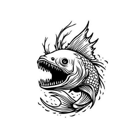 A detailed monochrome vector illustration of an aggressive piranha fish, emphasizing its sharp teeth and fierce expression. Ideal for tattoos, prints, or graphic designs.のイラスト素材