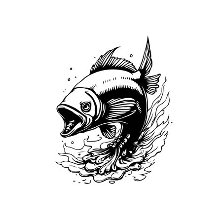 A stunning monochrome illustration of a fish with an open mouth, accentuated by dynamic water splash effects. The artwork captures the essence of marine life in a stylized drawing.のイラスト素材