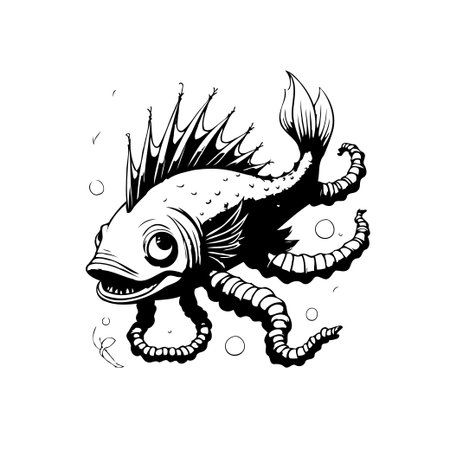 A whimsical black and white illustration of a fish with octopus-like tentacles, blending marine and cephalopod elements in a comical design.のイラスト素材