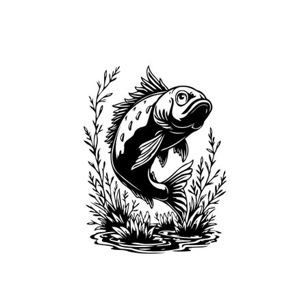 A detailed black and white illustration captures a fish jumping out of the water, surrounded by plants in a monochrome rendering.のイラスト素材