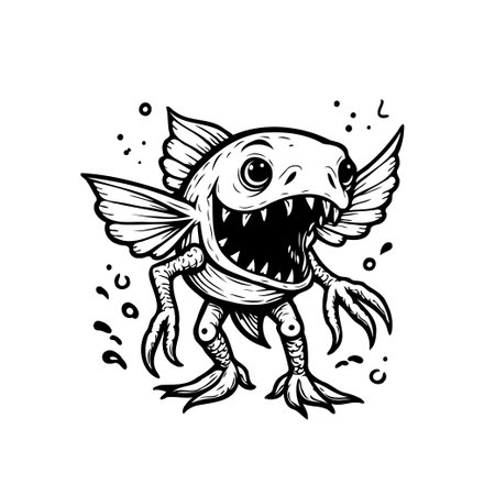 A black and white illustration of a whimsical creature. The creature looks like a fish with legs and wings, smiling with sharp teeth.のイラスト素材