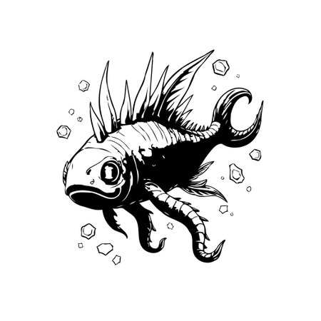 A monochrome illustration of a fantasy fish swimming in bubbles. The design is quirky and creative. Perfect for use in a children's book or comic.のイラスト素材