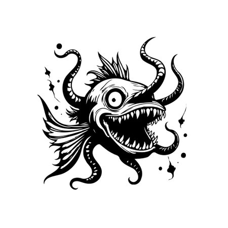A surreal and bizarre illustration of a fish-like creature with tentacles and sharp teeth creates a menacing image. The design is in black and white and showcases a unique artistic style.のイラスト素材