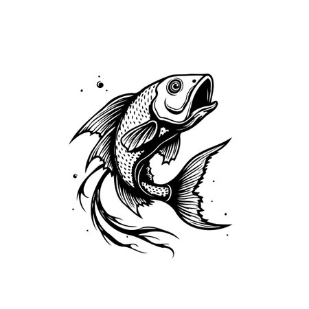 A striking monochrome illustration of a fish, showcasing intricate scales and graceful fins. A design art in motion perfect for various creative projects.のイラスト素材