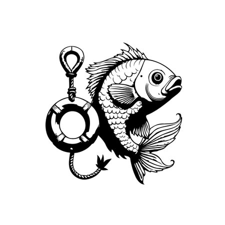 Monochrome illustration depicting a fish caught by a lifebuoy hook. This drawing evokes a vintage marine theme, symbolizing rescue, safety, and the challenges of fishing.のイラスト素材