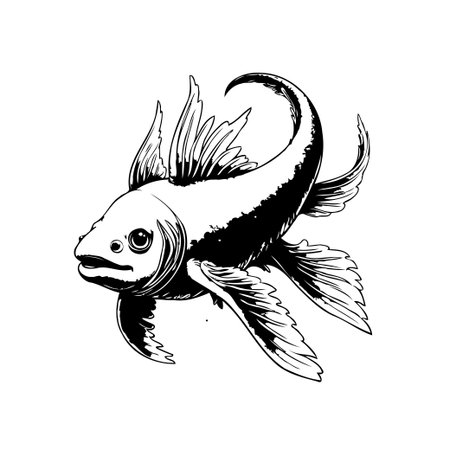 Detailed monochrome illustration of a stylized fish with elaborate fins and scales. Isolated on a white background, this aquatic animal showcases intricate design and simplicity.のイラスト素材
