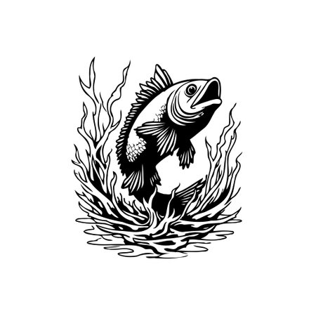 This captivating image portrays a fish energetically jumping from the water. Rendered in black and white, the graphic artwork provides a striking visual, perfect for designs that need a touch of nature.のイラスト素材