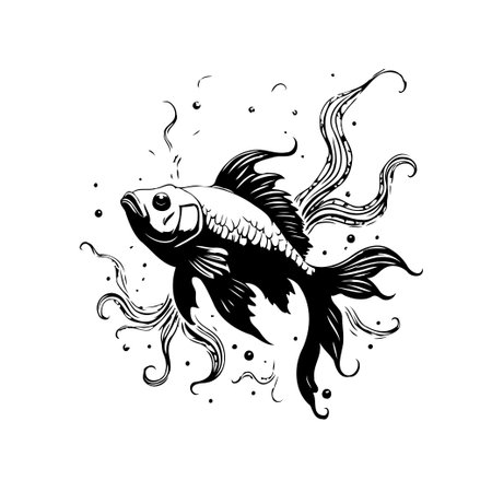 A beautiful monochrome illustration features a goldfish swimming gracefully amidst flowing seaweed and delicate bubbles, creating a peaceful aquatic scene.のイラスト素材