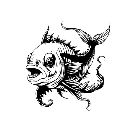 A detailed black and white illustration of a fish with an open mouth, designed with artistic flair, evokes a sense of marine wildlife and underwater beauty.のイラスト素材