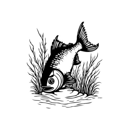 Monochrome image showcases a fish in a stylized aquatic setting, surrounded by plants, perfect for nature or graphic design projects.のイラスト素材