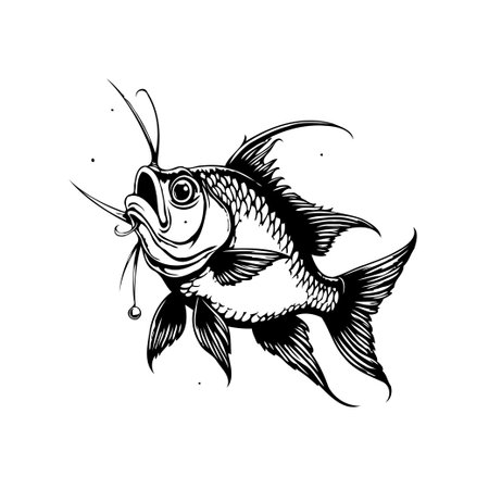 Detailed black and white drawing of a fish caught on a fishing hook. This image showcases the beauty and struggle of nature.のイラスト素材