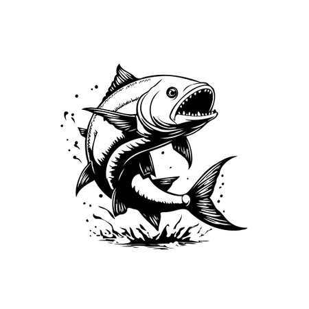 A striking black and white vector illustration showcases a leaping fish, symbolizing wildlife and nature's beauty. It's a captivating piece of art for various creative projects.のイラスト素材