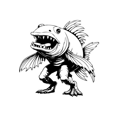A whimsical illustration portrays a monstrous fish creature blending aquatic and terrestrial features, creating a unique and surreal visual experience.のイラスト素材