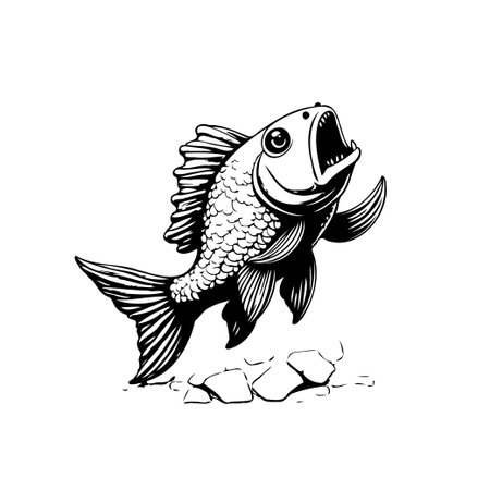 Stylized black and white illustration of a fish with its mouth open, positioned above some rocks. The design is simple, clear, and suitable for various creative projects.のイラスト素材