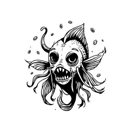 A detailed black and white illustration presents a fantastical fish, blending cartoonish charm with monstrous features. Ideal for creative projects needing a touch of the whimsical and bizarre.のイラスト素材