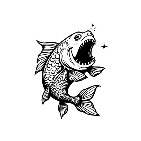A stylized fish illustration with an open mouth revealing sharp teeth, detailed scales, and decorative elements, is rendered in black and white against a clean backdrop.のイラスト素材