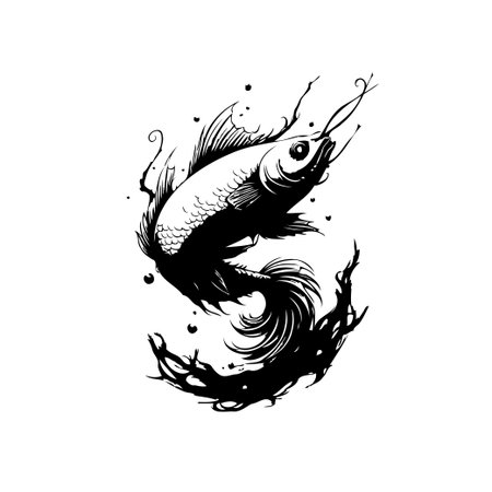 A striking black and white illustration features a fish swimming amidst a stylized splash effect, combining elegance and artistry. Perfect for graphic design, tattoos, or decorative art.のイラスト素材