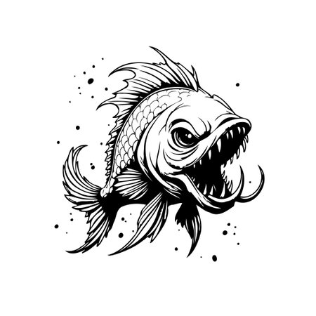 Illustration of a fish with an aggressive expression and sharp teeth, presented in a monochrome art design. The image captures the predatory nature of the creature.のイラスト素材