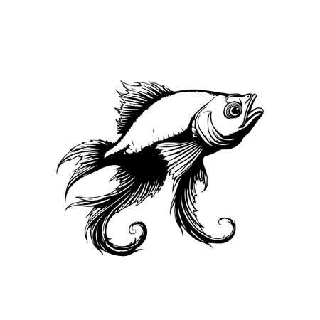 A detailed monochrome illustration of a fish, featuring expressive fins and an open mouth. The artwork captures the elegance and unique character of marine life in a stylized manner.のイラスト素材