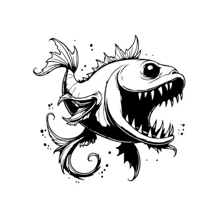 A black and white illustration features a menacing fish with sharp teeth and a fierce expression. This stylized drawing captures a sense of underwater danger.のイラスト素材