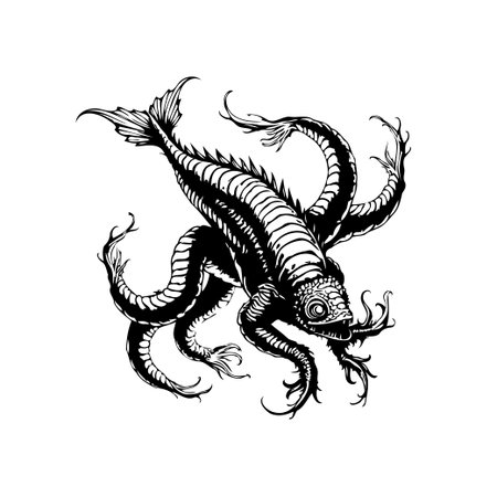 A striking black and white illustration showcases a peculiar sea creature. It combines the features of a fish and an octopus, creating a unique and mythical being with tentacles and fins.のイラスト素材