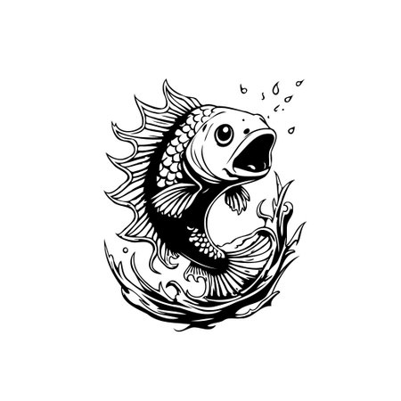 Stylized black and white illustration of a fish swimming amidst water splashes. The design showcases detailed line work and artistic flair, suitable for various creative projects.のイラスト素材
