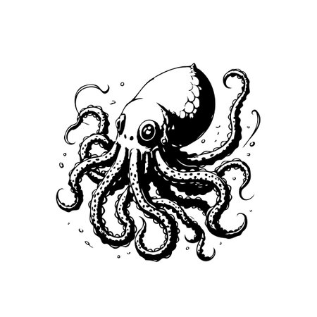 This captivating illustration features a monochrome octopus, highlighting intricate details of its tentacles. It evokes the mysterious depths of the ocean.のイラスト素材