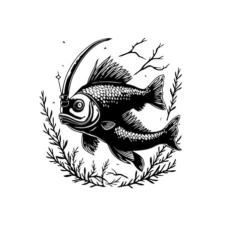 This is a black and white illustration showing two fish with surreal elements. One fish has a blade through its head, creating a striking and unique image.のイラスト素材