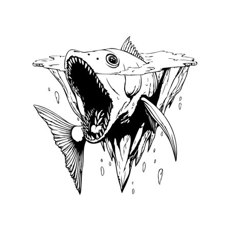 A detailed black and white drawing shows a predatory fish emerging from the water, its jaws wide open revealing sharp teeth. This design is perfect for logos or tattoos.のイラスト素材