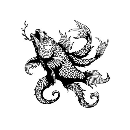 A detailed monochrome illustration of a fish with intricate patterns and leaves. The design is elegant and artistic, perfect for various creative projects.のイラスト素材