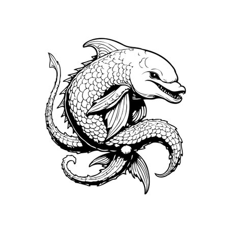 This is an illustration of a hybrid creature that blends a dolphin's head with a dragon-like, scaly body, rendered in black and white. It suggests fantasy and marine themes.のイラスト素材