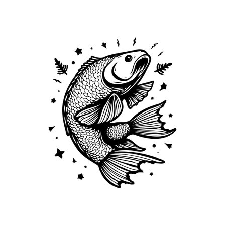 Monochrome illustration of a leaping fish surrounded by ferns and stars. The design is detailed with intricate scales and fins, perfect for various creative projects.のイラスト素材