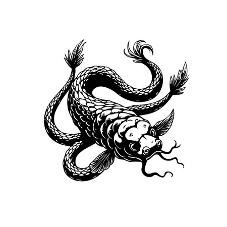 A detailed monochromatic illustration of a koi fish, rendered in a tattoo art style, set against a clean white backdrop.のイラスト素材