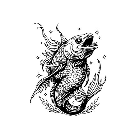 Detailed line art illustration of an angry fish with sharp teeth floating in water decorated with stars, perfect for tattoo or graphic design.のイラスト素材
