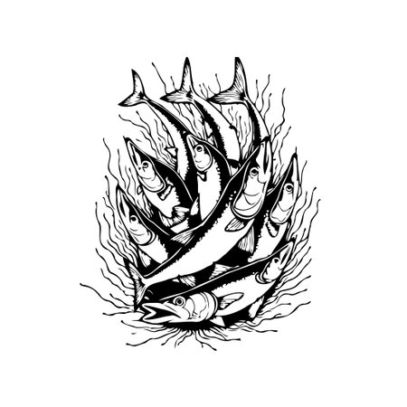A black and white illustration showcases a dense cluster of sardines or small fish, swimming together. The stylized design emphasizes their collective movement and creates a visually striking pattern.のイラスト素材