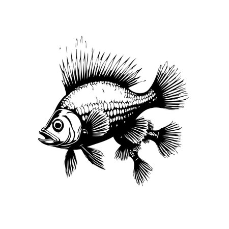 A beautifully detailed monochrome illustration of a fantasy fish. The drawing features ornate fins, scales, and a unique design, ideal for artistic or decorative purposes.のイラスト素材