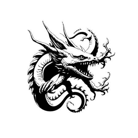 A black and white illustration of a mythical dragon, showcasing intricate details and a powerful silhouette. Perfect for fantasy art, tattoo designs, or symbolic representations.のイラスト素材