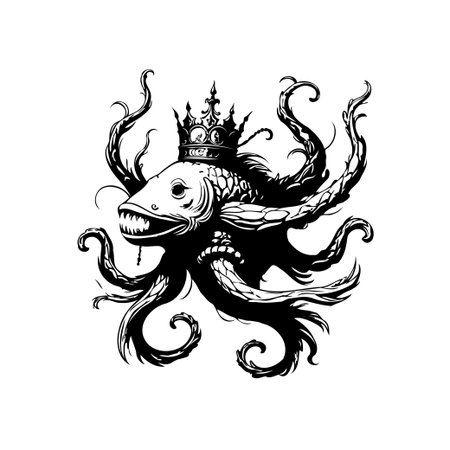 An detailed black and white drawing features a fish with a crown and surrounded by tentacles, suitable for tattoo or print design.のイラスト素材