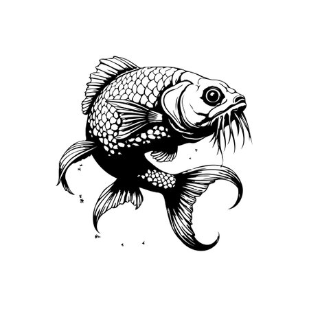 This black and white vector image showcases a stylized fish illustration, perfect for various creative projects. It's decorative design adds artistic flair.のイラスト素材