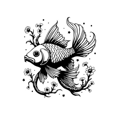 A monochromatic illustration of a koi fish gracefully intertwined with flowering branches. The art evokes serenity and is ideal for tattoos or decorative elements.のイラスト素材