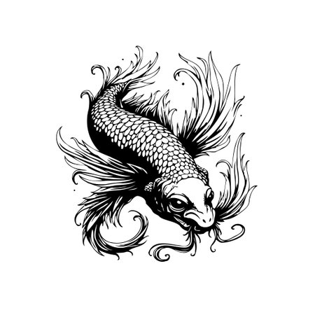 A detailed black and white ink illustration of a koi fish, showcasing its intricate scales and flowing fins. The design evokes a sense of elegance and tradition.のイラスト素材