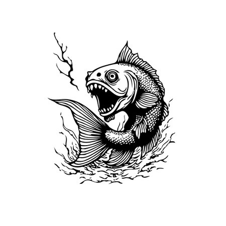 An illustration depicts an aggressive fish with an open mouth and sharp teeth, rendered in black and white with intricate details and a vintage feel.のイラスト素材