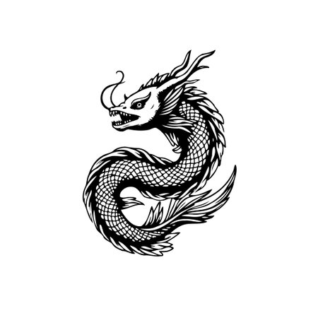 An intricate black and white illustration portrays a majestic Asian dragon, embodying power, mythology, and traditional art. This image is rich in detail and captures the essence of oriental folklore.のイラスト素材