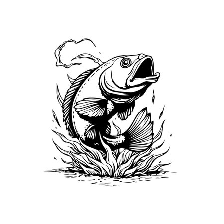 A detailed monochrome illustration depicts a fish energetically jumping out of the water. The stylized water adds a dynamic element to the drawing, creating a captivating piece of artwork.のイラスト素材